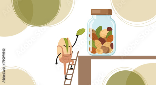 Pistachio Character Reaching For Nut Jar, Depicting Healthy Snacking And Dietary Choices