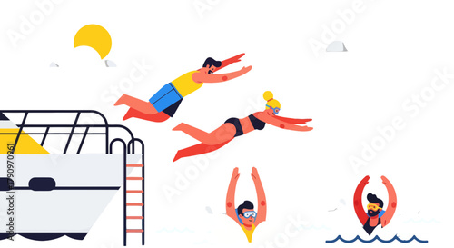 People Joyfully Jumping Into Water And Swimming For An Enjoyable Summer Day