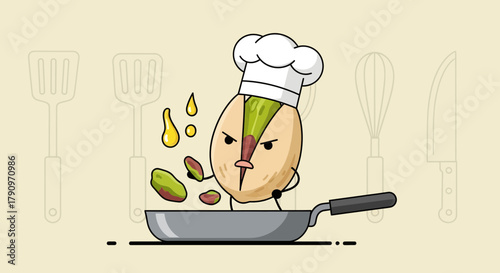 Pistachio Chef Cartoon Cooking Up Culinary Delights in Whimsical Kitchen Setting