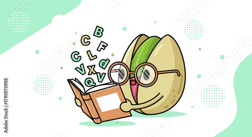 Pistachio Character With Glasses Reading a Book, Learning and Education Concept