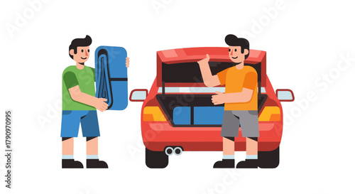 People Packing Car Trunk In Preparation For An Adventure With A Helpful Gesture