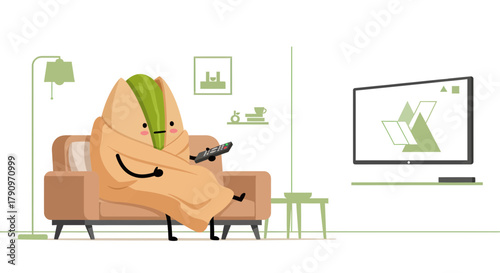 Pistachio Creature Cozy Indoors Watching Television Relaxing Fun And Happy Content