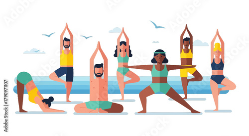 People Practicing Yoga In Various Poses Against A Minimalist Landscape Background