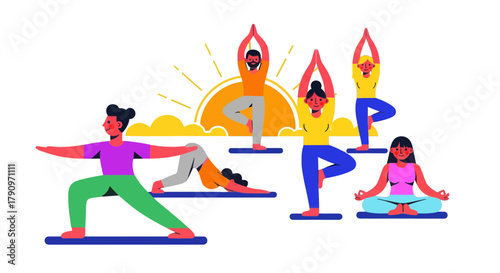 People Practicing Yoga In Various Poses Against A Dynamic Sunrise Background