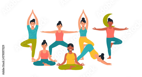 People Practicing Yoga In Various Poses, Healthy Lifestyle, Meditation, And Well Being