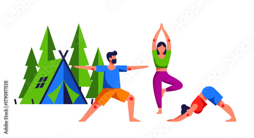 People Practicing Yoga Near A Tent in a Forest Surrounded by Trees Black Background
