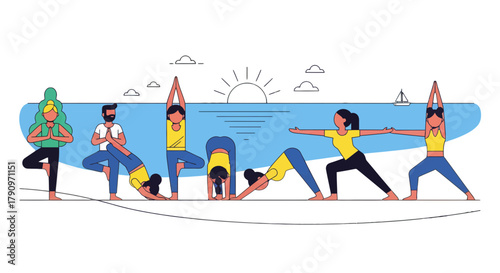 People Practicing Yoga Poses on Beach With Sun And Sky and Calm Lifestyle Background