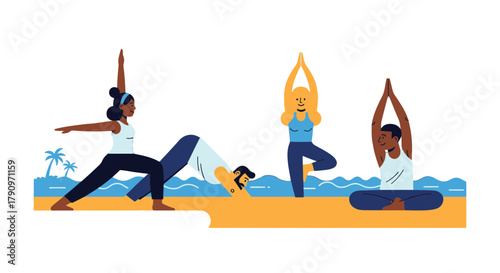 People Practicing Yoga Near The Beach Creating a Healthy and Energetic Atmosphere