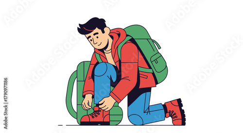 Preparing For The Hike: A Cartoon Figure Tying His Bootlaces Before Trekking Adventure