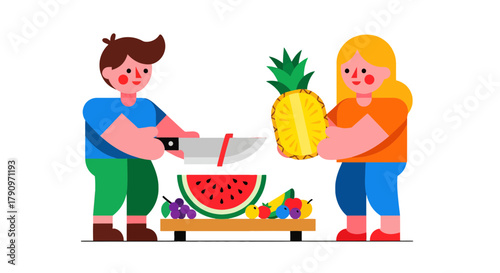 People Preparing Fresh Fruit For Consumption In An Illustrated Graphic Style