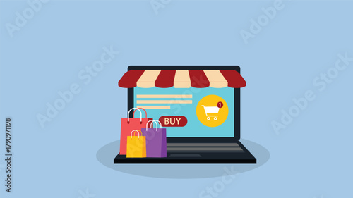  online shopping concept on laptop computer, e-shopping, and e-commerce, digital store with goods, vector flat graphic illustration
