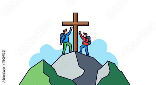 People Reaching Cross On Mountain Top: Faith, Determination, And Shared Ambition