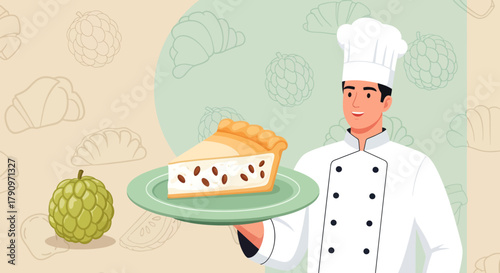 Professional Chef Presenting Cheesecake Slice And Custard Apple For Culinary Delight