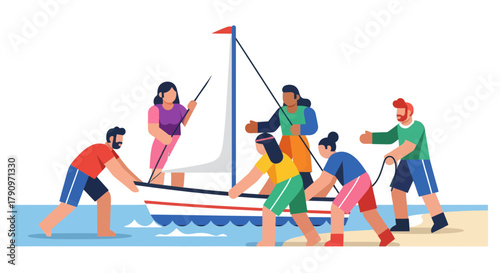 People Sailing Together Illustrating Teamwork and Collective Effort on Vibrant Sailboat