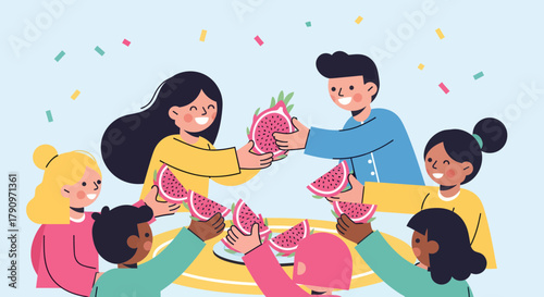People Sharing Tropical Fruit, Celebrating Joy, And Festive Moments Together with Laughter
