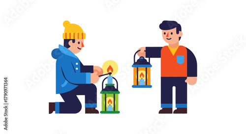 People Sharing Hope: Two Individuals Lighting Lanterns Against A Dark Background