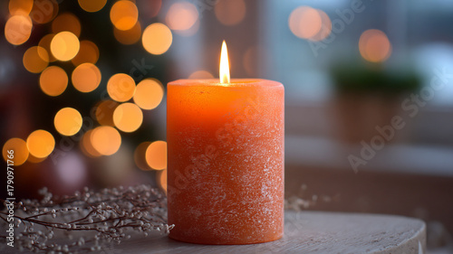 Advent calendar. Burning candles with Christmas decorations. Lighting candles.