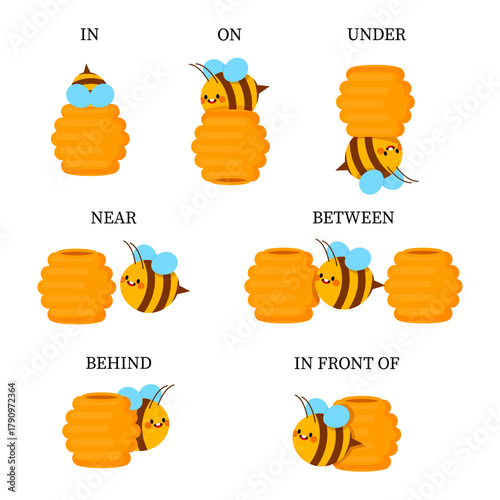 Set of English prepositions of place bee and hive
