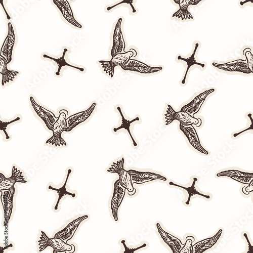 Christian holy dove hand drawn seamless vector pattern. Religious home decor background for sunday school bible study motif. Reflection candle symbol all over print. 