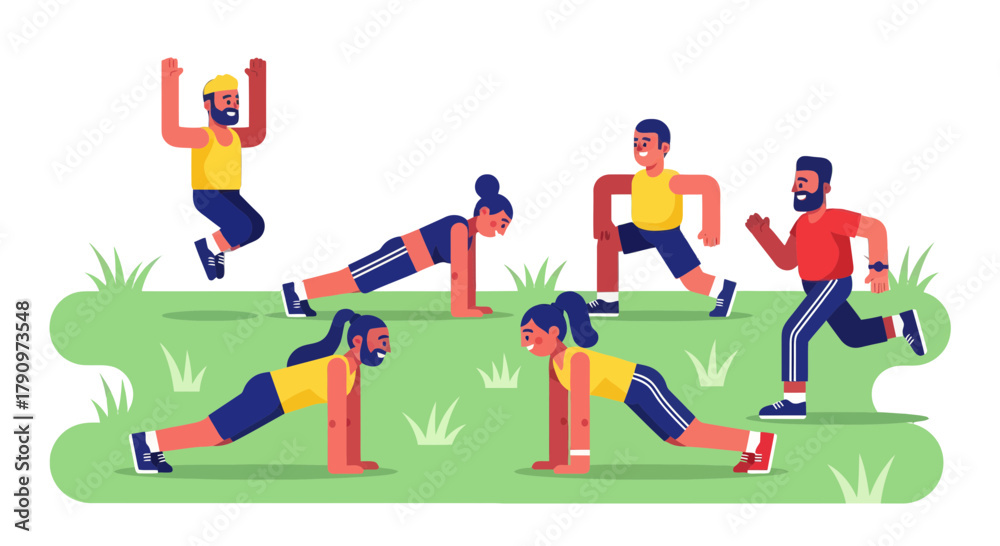 Fototapeta premium People Doing Workout Outdoors in Nature, Group Fitness and Healthy Athletic Lifestyle