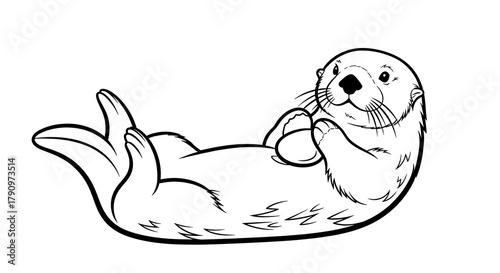 A playful otter lying on its back with paws up in a black and white line drawing on a white background