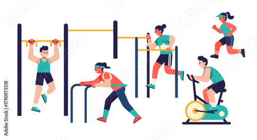 People Doing Exercise Outdoor With Various Calisthenics And Cardio Training Elements