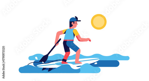 Paddleboarder Silhouetted Against a Dark Sky With a Glowing Yellow Sun Depiction