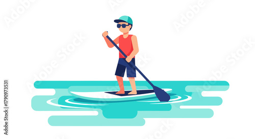 Paddleboarding Adventure: Coastal Recreation Depicted In Vibrant And Simplified Illustration