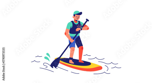 Paddleboarding Adventure: Digital Illustration of Athlete Checking Smartwatch on Water