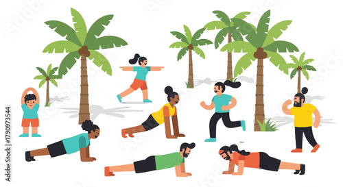 People Doing Workout in a Tropical Paradise Surrounded by Palms Trees and Sunshine