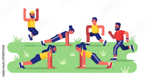 People Doing Workout Outdoors in Nature, Group Fitness and Healthy Athletic Lifestyle