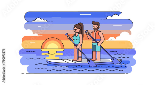 Paddleboarding Adventure: Couple Enjoying Sunset Across the Calm Ocean Waters