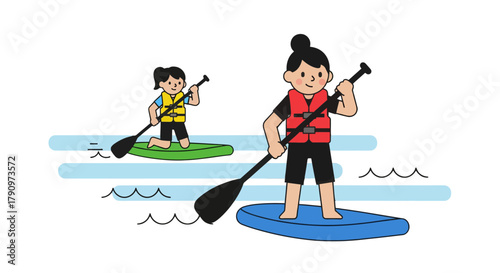 Paddleboarding Adventure: Fun in The Water with Cartoonish Characters Paddleboarding on the Water