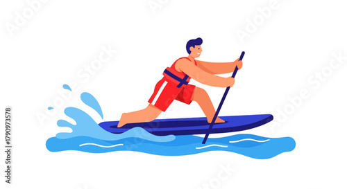 Paddleboarding Adventure: Illustrated Person Paddling on Water with Artistic Waves
