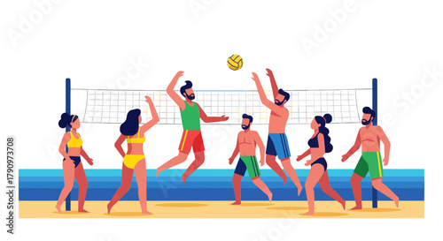 People Enjoying Beach Volleyball Game Under a Sunny Sky Perfect Sport Activity