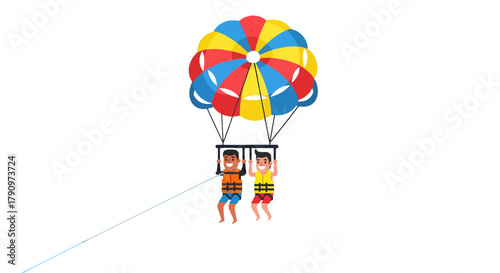Parasailing Adventure Depicting Two Excited Individuals Soaring High Above the Ocean