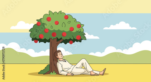 Peaceful Moment: A Man Relaxes Under a Fruit Tree on a Gentle, Sunny Day