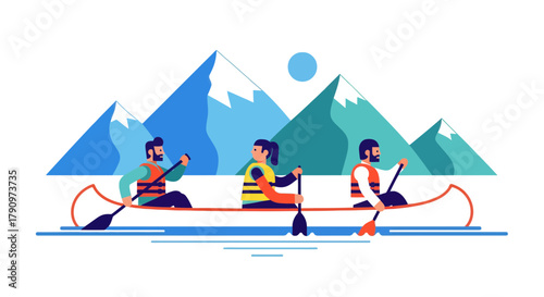 People Enjoying Canoeing Adventure on River, Surrounding by Beautiful Mountain Scenery