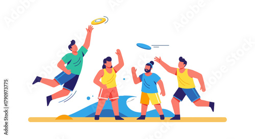 People Enjoying Frisbee, A Beach Day, And Energetic Movement, At The Beach