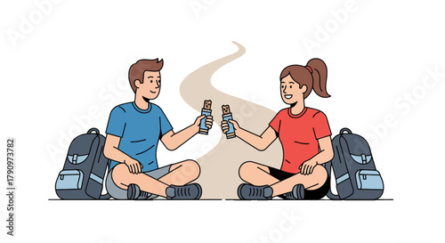 People Enjoying Energy Bars After Hiking Adventure Along a winding Path