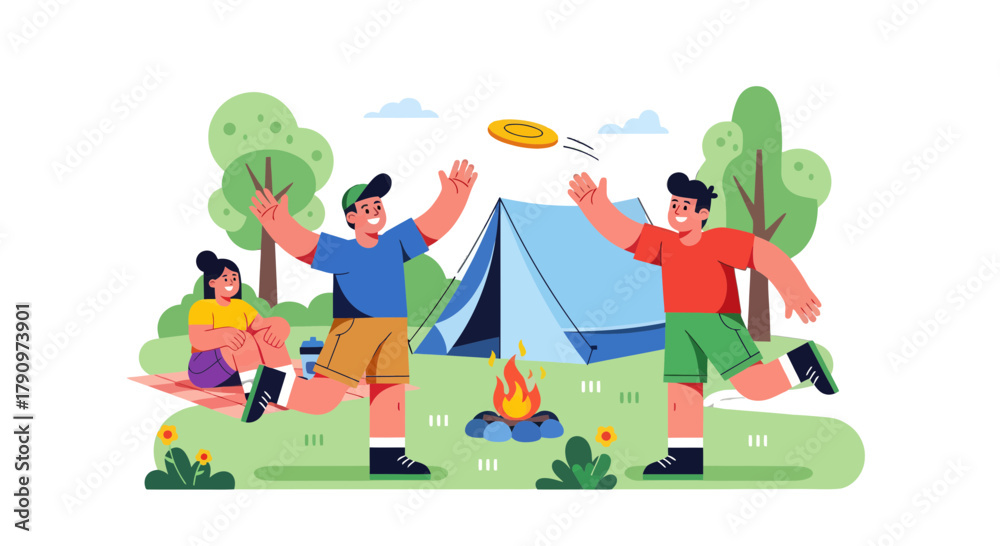 Naklejka premium People Enjoying Leisure Time And Camping Outdoors With Frisbee and a Campfire