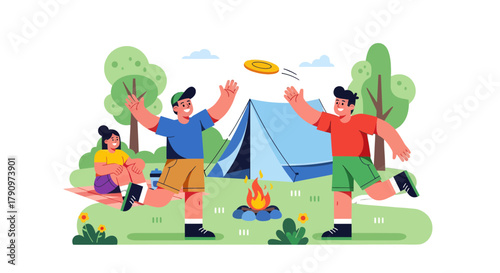 People Enjoying Leisure Time And Camping Outdoors With Frisbee and a Campfire