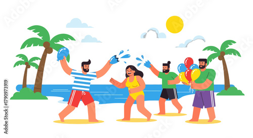 People Enjoying Leisurely Time on Sandy Shores With Balloons and Water Play