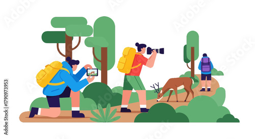 People Enjoying Nature And Capturing Moments With Deer In An Attractive Forest Scene