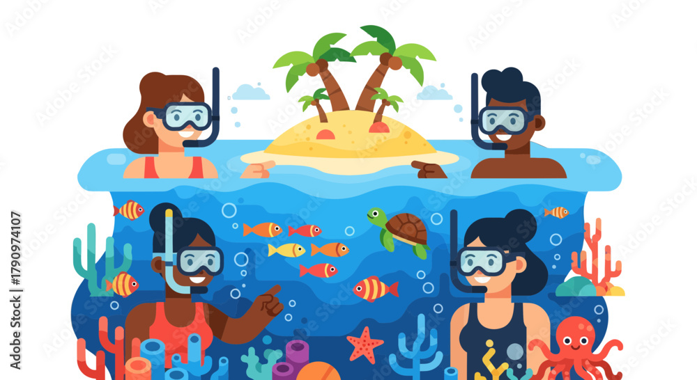Fototapeta premium People Enjoying Scuba Diving Experience Around Tropical Island Paradise Illustration