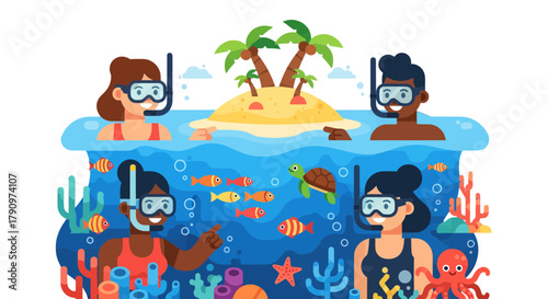 People Enjoying Scuba Diving Experience Around Tropical Island Paradise Illustration