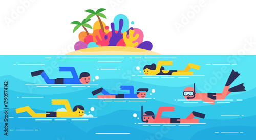 People Enjoying Snorkeling And Swimming Holidays Near Exotic Islands With Tropical Paradise