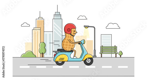 Peanut Takes a Ride Through the City on a Moped Delivering Something in this Image