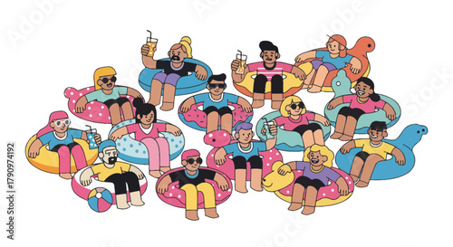 People Enjoying Summer Fun With Colorful Floats and Refreshing Drinks Illustration