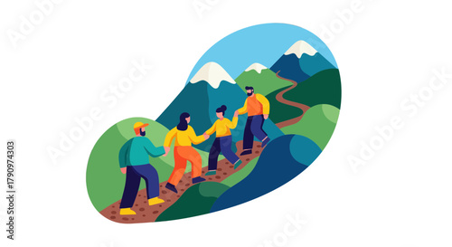 People Ascending Majestic Mountains Illustrating Teamwork, Perseverance, And Adventure